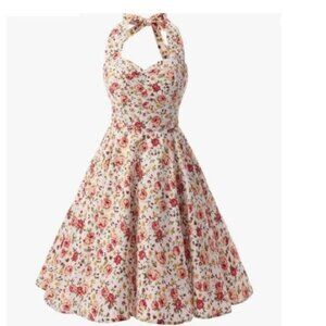Women's Dress Retro Vintage Swing 1950's Short Sleeve Halter white floral